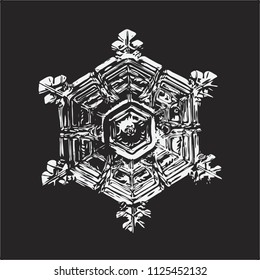 White snowflake on black background. This vector illustration based on macro photo of real snow crystal: small star plate with six short, broad arms, glossy surface and complex inner structure.