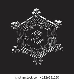 White snowflake on black background. This vector illustration based on macro photo of real snow crystal: beautiful star plate with hexagonal symmetry, six short broad arms and beautiful inner pattern.