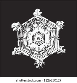 White snowflake on black background. This vector illustration based on macro photo of real snow crystal: beautiful star plate with hexagonal symmetry, six short broad arms and beautiful inner pattern.