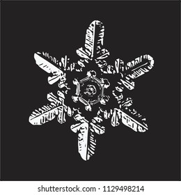 White snowflake on black background. This vector illustration based on macro photo of real snow crystal: small stellar dendrite with simple, straight arms and unusual pattern around hexagonal center.
