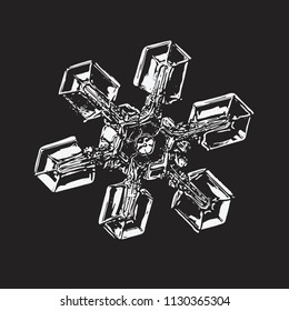 White snowflake on black background. This vector illustration based on macro photo of real snow crystal: unusual star plate with six simple arms, massive hexagonal center and glossy relief surface.