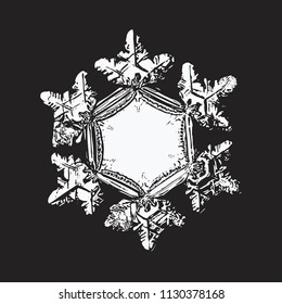 White snowflake on black background. This vector illustration based on macro photo of real snow crystal: beautiful star plate with six short, relief arms and large, flat and empty central hexagon.