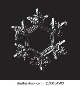 White snowflake on black background. This vector illustration based on macro photo of real snow crystal: beautiful star plate with six short, relief arms and large, flat and empty central hexagon.