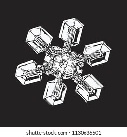 White snowflake on black background. This vector illustration based on macro photo of real snow crystal: unusual star plate with six simple arms, massive hexagonal center and glossy relief surface.