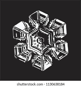 White snowflake on black background. This vector illustration based on macro photo of real snow crystal: beautiful star plate with hexagonal symmetry, six short broad arms and complex inner pattern.