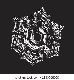 Copo de nieve blanco sobre fondo negro. Esta ilustración vectorial basada en una foto macro de cristal de nieve real: elegante plato estrella con seis brazos cortos, amplios y grandes, hexágono de alivio en el centro.