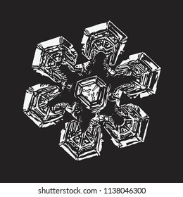 White snowflake on black background. This vector illustration based on macro photo of real snow crystal: massive star plate with short broad arms, triangular center, fine symmetry and complex details.