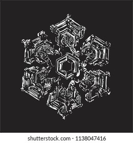 White snowflake on black background. This vector illustration based on macro photo of real snow crystal: large star plate with fine hexagonal symmetry, six short, broad arms and complex inner details.