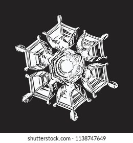 White snowflake on black background. This vector illustration based on macro photo of real snow crystal: small star plate with perfect hexagonal symmetry, relief surface and unusual central pattern.