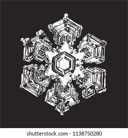 White snowflake on black background. This vector illustration based on macro photo of real snow crystal: large star plate with fine hexagonal symmetry, six short, broad arms and complex inner details.