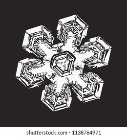 White snowflake on black background. This vector illustration based on macro photo of real snow crystal: massive star plate with short broad arms, triangular center, fine symmetry and complex details.