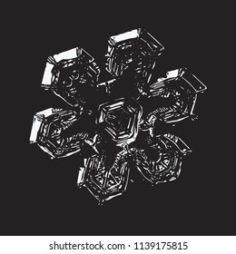 White snowflake on black background. This vector illustration based on macro photo of real snow crystal: massive star plate with short broad arms, triangular center, fine symmetry and complex details.