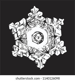 White snowflake on black background. This vector illustration based on macro photo of real snow crystal: star plate with hexagonal symmetry, six short, broad arms, elegant shape and relief surface.