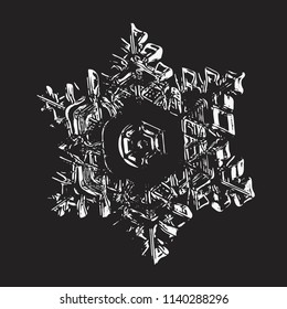 White snowflake on black background. This vector illustration based on macro photo of real snow crystal: star plate with hexagonal symmetry, six short, broad arms, elegant shape and relief surface.