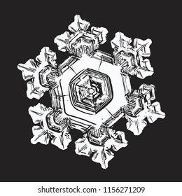White snowflake on black background. This vector illustration based on macro photo of real snow crystal: small star plate with six short, broad arms, relief surface and complex inner structure.