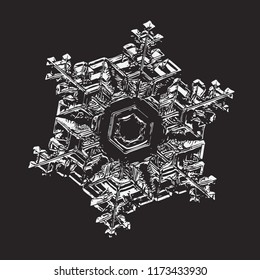 White snowflake on black background. This vector illustration based on macro photo of real snow crystal: beautiful star plate with fine hexagonal symmetry, six short, broad arms and glossy surface.