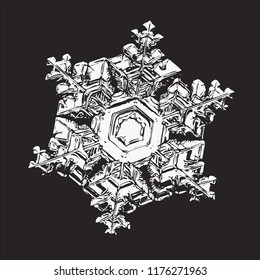 White snowflake on black background. This illustration based on macro photo of real snow crystal: beautiul star plate with six short, elegant arms, relief surface and complex inner pattern.