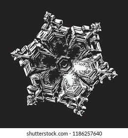 White snowflake on black background. This vector illustration based on macro photo of real snow crystal: complex star plate with six short, ornate arms, glossy surface and elegant inner details.