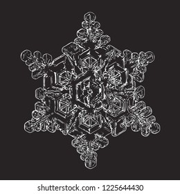 White snowflake on black background. Vector illustration based on macro photo of real snow crystal: small star plate with six short, broad arms, glossy relief surface and complex inner structure.