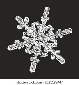 White snowflake on black background. Vector illustration based on macro photo of real snow crystal: beautiful star plate with fine hexagonal symmetry, six short, broad arms and glossy 3D surface.