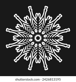 A white snowflake on a black background. Vector illustration