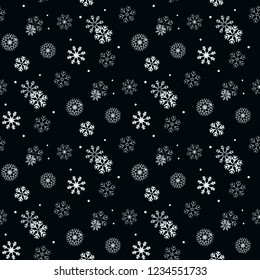 white Snowflake on black simple seamless pattern. Abstract wallpaper, wrapping decoration. Symbol of winter, Merry Christmas holiday, Happy New Year celebration Vector illustration. eps10