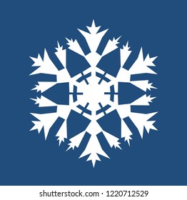 White snowflake on a blue background. Vector image. Design element for cards, banners, stands, posters. Winter pattern