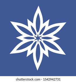 White snowflake on a blue background. Flat vector shape for cutting. Star snowflake template. The stencil shape typed from the laconic rays of the petals is possible plotter cutting.
