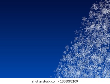 White Snowflake on Blue Background., Vector. Holiday Snow Banner. Gray Sky pattern. Fantasy Snowfall Pattern.