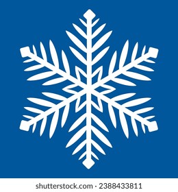 White snowflake on a blue background. Snowflake vector icon. Snowflake template. Christmas and New Year logo. Winter silhouette of snowflakes. For Christmas design and decorations.