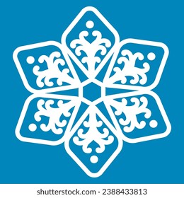 White snowflake on a blue background. Snowflake vector icon. Snowflake template. Christmas and New Year logo. Winter silhouette of snowflakes. For Christmas design and decorations.
