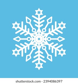 White snowflake on a blue background for winter design. Frozen silhouette of a snowflake, a symbol of Christmas and New Year. Vector EPS 10.