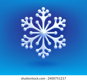 El copo de nieve blanco sobre un fondo azul. Icono de cristales de hielo de 3 d vector realista. Decoración de Navidad y Año Nuevo, símbolo de la temporada de invierno, frío, helado. Elemento de diseño para meteorología, informe meteorológico