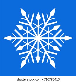 White snowflake on a blue background, isolated, design element, vector
