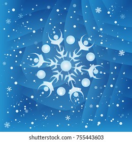White snowflake on blue background with little pieces of falling snowflakes. New year gift card