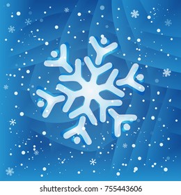 White snowflake on blue background with little pieces of falling snowflakes. New year gift card