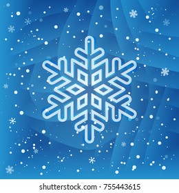 White snowflake on blue background with little pieces of falling snowflakes. New year gift card
