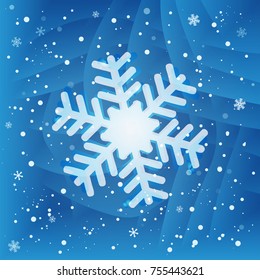 White snowflake on blue background with little pieces of falling snowflakes. New year gift card