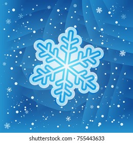 White snowflake on blue background with little pieces of falling snowflakes. New year gift card