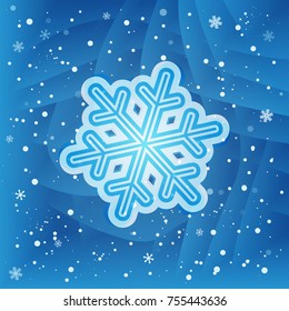 White snowflake on blue background with little pieces of falling snowflakes. New year gift card