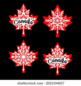 White snowflake on Canada's red wedge leaf. Decorative christmas decoration