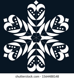 White snowflake on a dark blue background. Element for Christmas design. Complicated pattern.