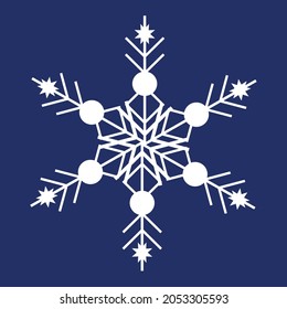 Un copo de nieve blanco sobre un fondo azul oscuro. Decoración para Navidad y Año Nuevo diseño de tarjetas, carteles, sitios web, iconos. Ilustración lineal vectorial simple
