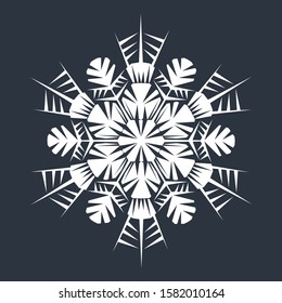White snowflake on a dark gray background. Vector drawing of a winter element. New year design. Openwork snowflake