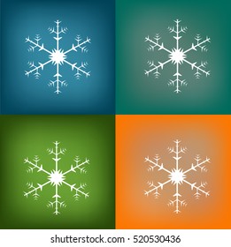 White snowflake on different backgrounds, blue, green, orange