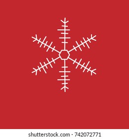 White snowflake on a red background. Snowflake icon.