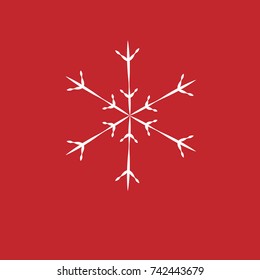 White snowflake on a red background. Snowflake icon.