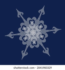 White snowflake with ornament on the blue background