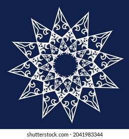 White snowflake with ornament on the blue background