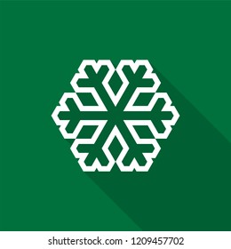 White snowflake outline icon with long shadow on green background. Vector Illustration EPS 10